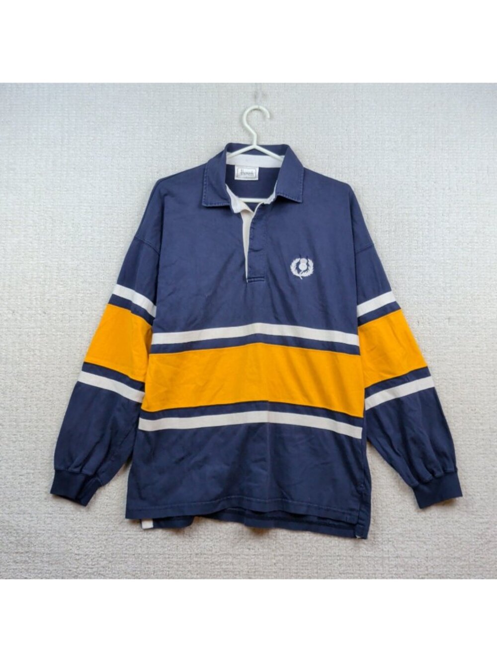 Vintage Harrods Knightsbridge Rugby Polo T-Shirt Size L Preppy Yellow Dark Blue